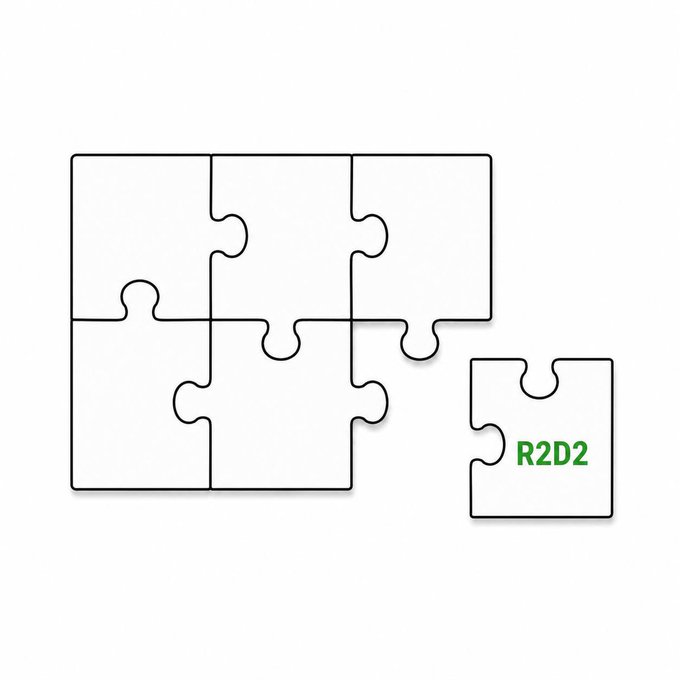 A set of interlocking puzzle pieces with one missing piece labeled 'R2D2' in green text, designed to demonstrate the concept of a missing component.