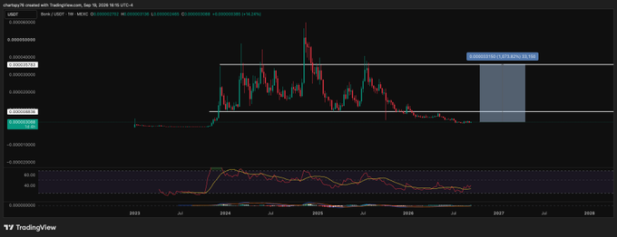 A weekly candlestick chart of $BONK/USDT on TradingView (created Sep 30, 2025), showing the token's price action with a projected long position targeting a 424.15% gain back to prior highs near 0.00004011, supporting the post's bullish "Smart Sin $BONK to Billions" thesis despite the current downtrend visible on the chart.