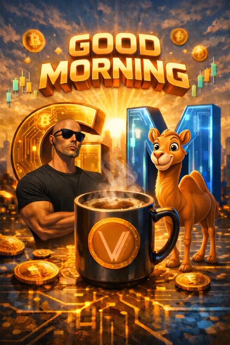 A crypto-themed "GOOD MORNING" graphic shows a muscular man in sunglasses, a camel, and Bitcoin imagery around a steaming mug.