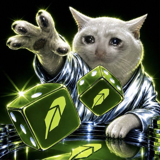 A surreal digital artwork depicts a white cat wearing a shiny silver jacket, reaching out with its paw above two glowing green dice marked with a logo, sitting at a casino-style gaming table.