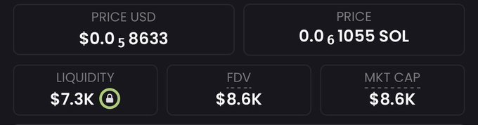 A dark-themed crypto token info panel displays metrics for a Solana-based asset, showing a price of $0.058633 USD (0.061055 SOL), liquidity of $7.3K (locked), FDV of $8.6K, and market cap of $8.6K—consistent with the poster's promise of a newly launched low-cap Solana token set to debut on August 21st at 18:00 UTC.