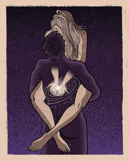 An illustration by Fatih Gozenc depicting a couple embracing from behind against a starry purple cosmic background, with a glowing galaxy or solar system replacing the man's torso to symbolize a deep, universal connection between them.