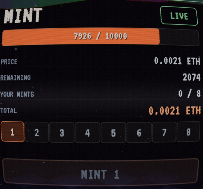 A live NFT minting interface shows 7,926 of 10,000 already minted (79.3% sold out) at 0.0021 ETH each, with 2,074 remaining and 0/8 mints purchased, displaying a "MINT 1" button below quantity selectors — supporting the post about the forbiddenapple.xyz mint being 80% sold out.