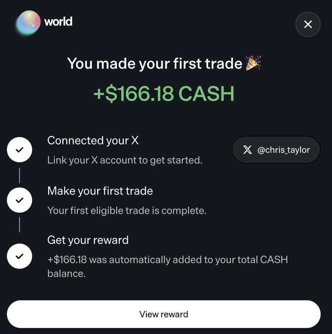 Screenshot showing a "You made your first trade" confirmation from World.xyz, awarding +$166.18 CASH to user @chris_taylor after connecting an X account and completing an eligible trade, illustrating the reward steps referenced in the post.