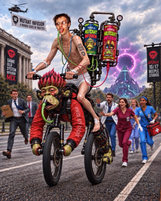 A surreal digital artwork depicts a young man in a hospital gown riding a bicycle ridden by a mutant creature, carrying tanks of "Tequila Mutant Infusion" and "Vodka Mutant Infusion," with banners reading "Mutant Infusion: A Higher State of Politics," "Same Old System Different Mix," and "Beeple Studios."