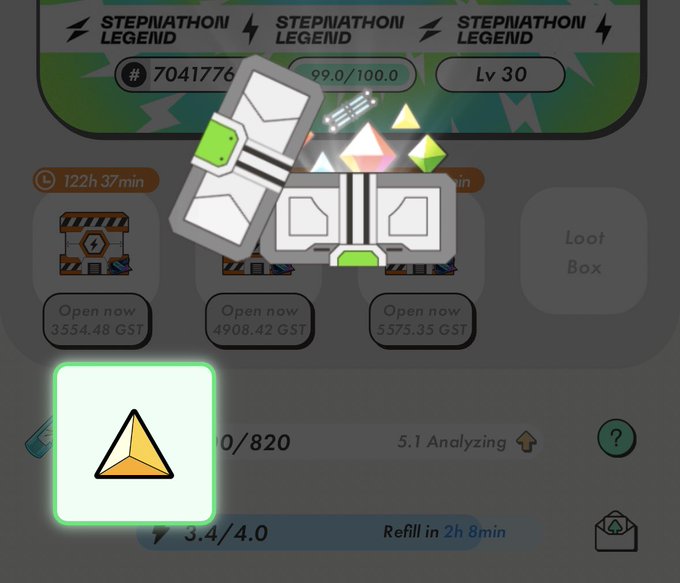 A mobile game screen for 'Stepnathon Legend' showing a character collecting gems, with currency totals of 7041776, player level Lv 30, and loot boxes offering various GST rewards.