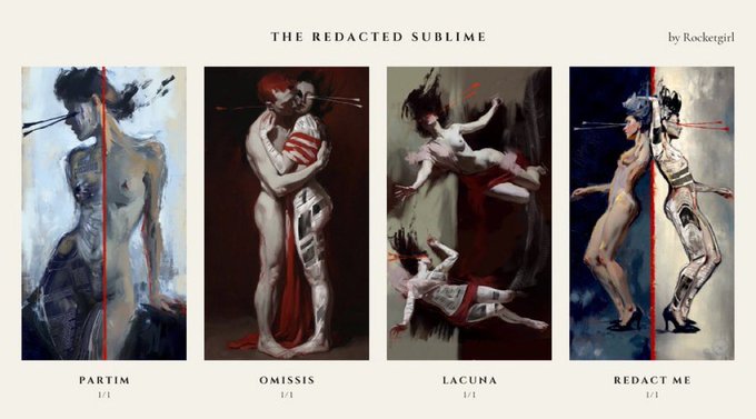 A gallery display of four dark, expressive paintings titled "PARTIM", "OMISSIS", "LACUNA", and "REDACT ME" under the header "THE REDACTED SUBLIME by Rocketgirl".