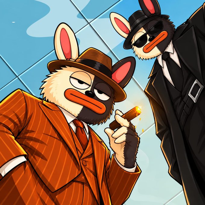 A cartoon illustration of two anthropomorphic animal characters dressed as detectives in suits and fedoras, one in a brown pinstripe suit smoking a cigar and another in a black suit with sunglasses.