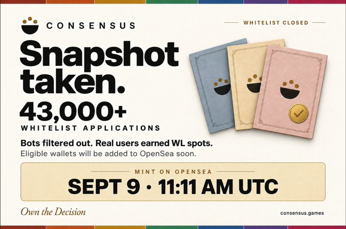 An announcement from Consensus Games stating the whitelist is closed with 43,000+ whitelist applications, noting that minting on OpenSea will occur on September 9 at 11:11 AM UTC.