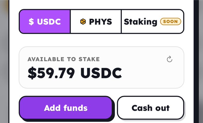 A digital wallet interface displaying tabs for USDC, PHYS, and Staking (soon), showing $59.79 USDC available to stake with 'Add funds' and 'Cash out' buttons.