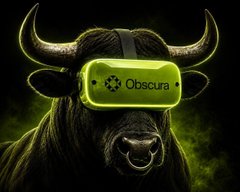 A dark, dramatic image of a bull wearing a green VR-style headset labeled 'Obscura' with green smoke effects in the background.