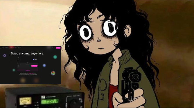 A cartoon-styled woman with long black hair holds a gun, overlaid with a small UI screen displaying "Swap anytime, anywhere" and "AEON" branding, visually representing the post's announcement about vibecoding Uniswap v4 hooks through the Aeon framework.