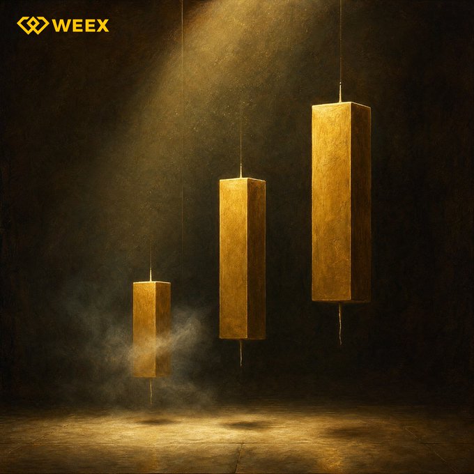 WEEX exchange promotional image featuring three golden rectangular blocks suspended in a dimly lit room with dramatic lighting.