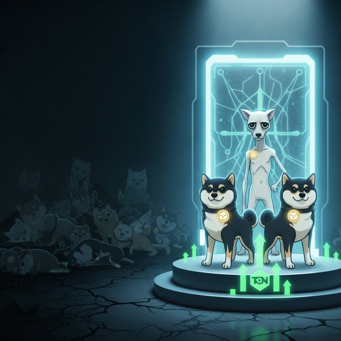 The image depicts a Shiba Inu and a white dog character emerging from a glowing digital portal, stepping past a shadowy pile of fallen dog-meme figures, with green upward arrows and a "TON" logo on the pedestal suggesting outperformance on the TON network — symbolizing how $MANYU and WOJAK are breaking away from the broader collapse of Ethereum dog-meme coins like SHIB.