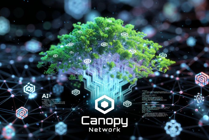 A digital artwork showing a tree with lush green foliage blending into glowing circuit board roots, surrounded by hexagonal icons and network nodes, labeled 'Canopy Network' with 'AI' text visible.