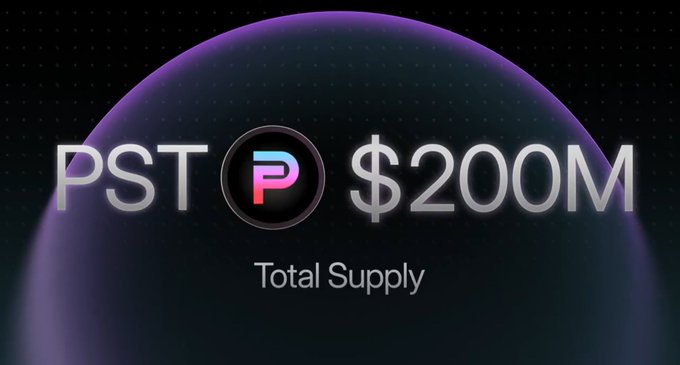 The image displays a sleek graphic with a dark background featuring a purple gradient sphere, showcasing the text "PST" alongside its pink "P" logo, "$200M Total Supply," visually celebrating the milestone of Solana's yield-bearing stablecoin surpassing a $200 million market cap.