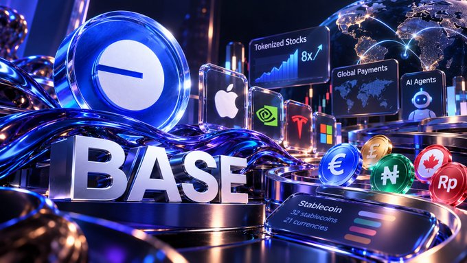 A promotional graphic for Coinbase's BASE platform featuring the Base logo, with text about tokenized stocks growing 8x, global payments, AI agents, and stablecoins supporting 32 stablecoins and 21 currencies, alongside logos for Apple, NVIDIA, Tesla, Microsoft, and various cryptocurrencies.