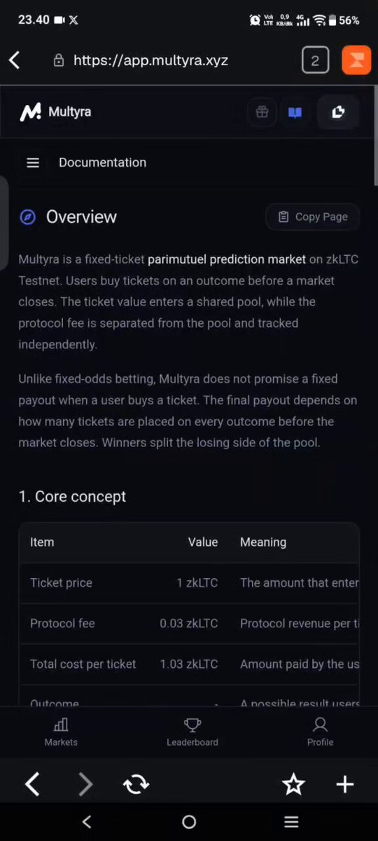 The image shows a phone screen displaying a webpage with information about a ticket-based prediction market called "Multichain Deposit Visit" that is available for testing at LitecoinVM. The website has a dark blue background, and there are several tabs open on the page, including one tab titled "Documentation". The text in the image suggests that this is an app or website related to predicting future events based on historical data.