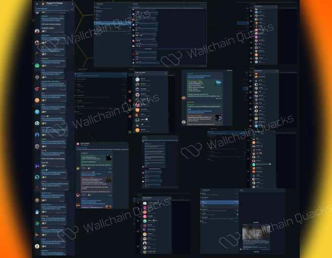 A collage of multiple Discord chat screenshots with 'Wallchain Quacks' watermarks, showing various developer conversations and announcements in dark mode channels.