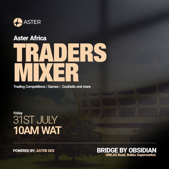 An 'Aster Africa Traders Mixer' event flyer for Friday 31st July at 10AM WAT at Bridge by Obsidian, featuring trading competitions, games, and cocktails.