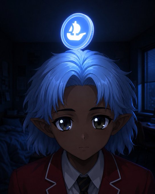An anime-style portrait of a young character with pointed elf-like ears, silver hair, and a glowing blue halo floating above their head, wearing a red school uniform jacket.