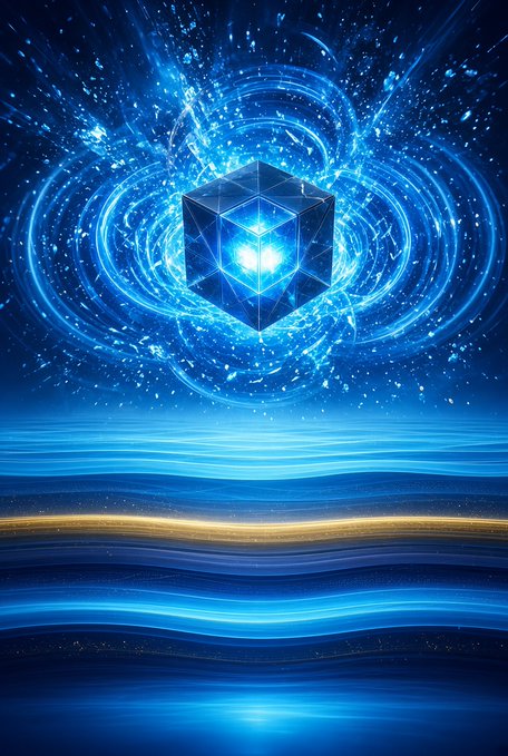 A glowing blue cube hovers above a reflective ocean-like surface, surrounded by swirling blue energy and sparkling particles in a cosmic setting.