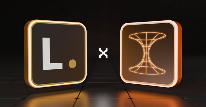 Two illuminated square icons displaying 'L.' and a wireframe hourglass shape face each other on a dark reflective surface, separated by a white 'x' symbol.