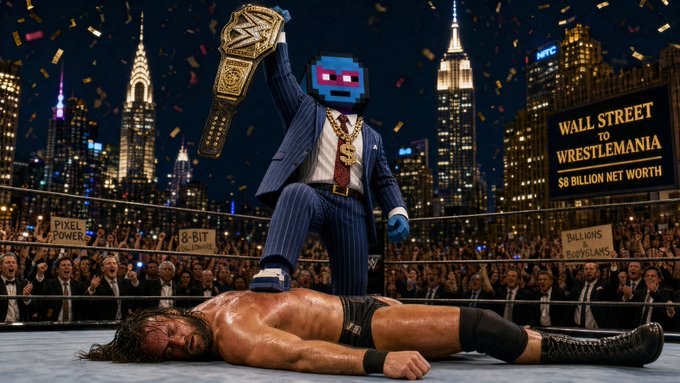 A surreal AI-generated scene depicting a pixel-art character in a pinstripe suit with gold chains standing victorious in a wrestling ring holding a championship belt, with a defeated wrestler below him and a Wall Street skyline backdrop featuring signs reading "WALL STREET TO WRESTLEMANIA" and "$8 BILLION NET WORTH."