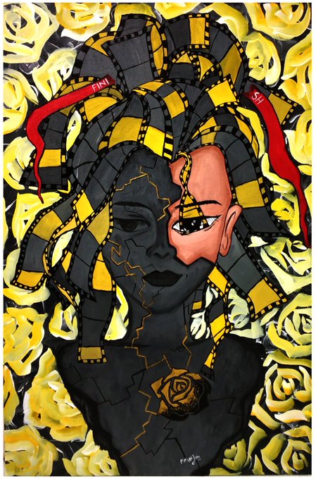 An artistic painting of a dark-skinned woman whose hair transforms into yellow and black film strips, with red ribbons labeled "FIRE" and "SAD", set against a background of yellow roses with a gold rose emblem on her chest.