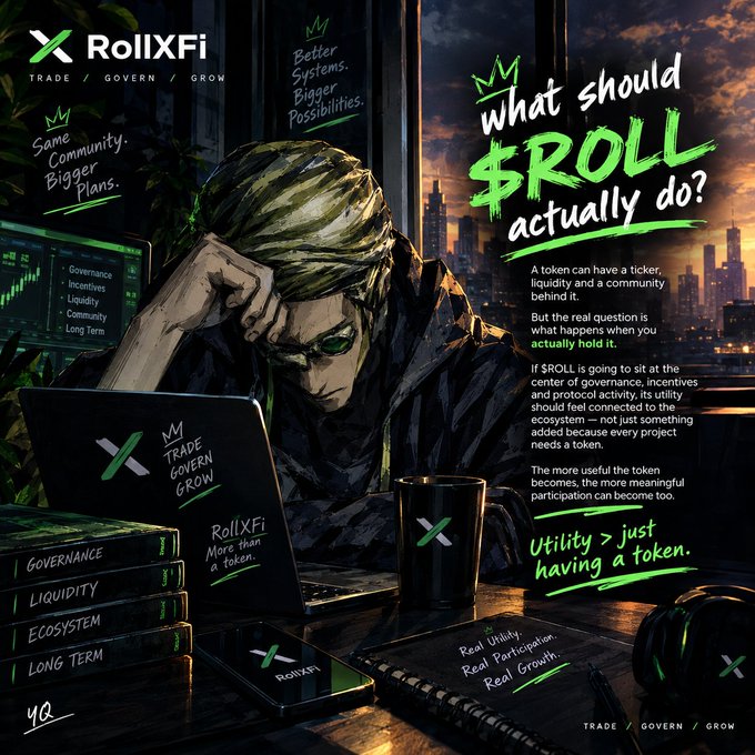 The image is a stylized promotional graphic for RollXFi featuring an anime-style character with blonde hair contemplating at a desk with a laptop, mug, and books labeled "Governance," "Liquidity," "Ecosystem," and "Long Term." Bold text poses the question "What should $ROLL actually do?" alongside the tagline "Utility > just having a token" and phrases like "Real Utility, Real Participation, Real Growth," visually reinforcing the post's message about $ROLL's meaningful role in governance and incentives rather than being just another token.