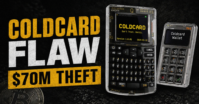 A promotional graphic titled "COLDCARD FLAW $70M THEFT" showing two physical Coldcard Q hardware cryptocurrency wallets.