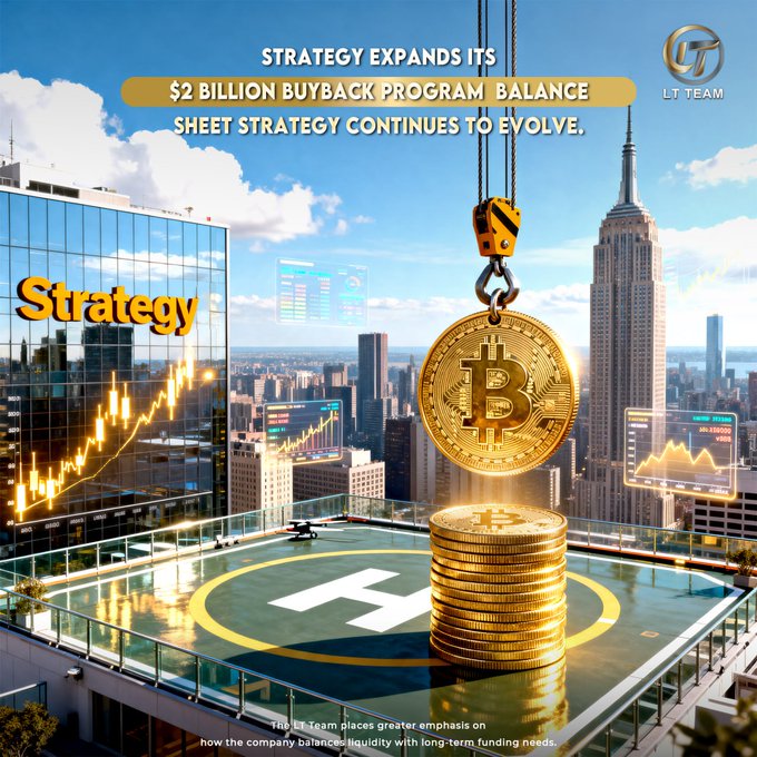A promotional graphic titled 'STRATEGY EXPANDS ITS $2 BILLION BUYBACK PROGRAM BALANCE SHEET STRATEGY CONTINUES TO EVOLVE' featuring Bitcoin imagery and the Strategy logo against a New York City skyline.