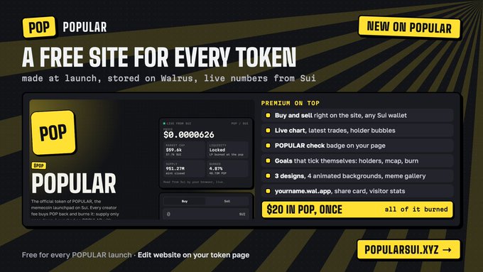 A yellow and black advertisement for 'POP POPULAR' reads 'NEW ON POPULAR' and 'A FREE SITE FOR EVERY TOKEN,' offering premium benefits for purchase at POPULARSUII.XYZ.