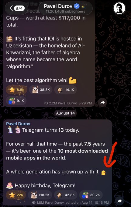 Telegram posts from Pavel Durov celebrating Telegram's 13th birthday with an arrow pointing to the message.