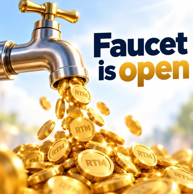 A metallic faucet is open, pouring a cascade of gold coins engraved with "RTM" against a bright sky, accompanied by the text "Faucet is open."