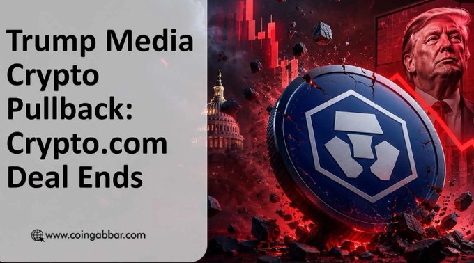 The image shows a stylized graphic with the text "Trump Media Crypto Pullback: Crypto.com Deal Ends" and the Crypto.com logo, visually representing the news of Trump Media's decision to scrap planned crypto deals with Crypto.com.