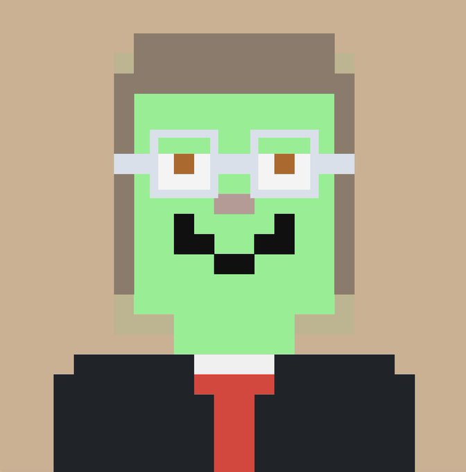 A blocky green-skinned character with a red tie and glasses, rendered in pixel art style against a tan background, appears to represent a stylized professional avatar. The image serves as a playful, quirky profile image complementing the post's enthusiastic tone about joining ClutchMarkets.