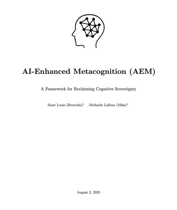 The image is a title page for a document titled "AI-Enhanced Metacognition (AEM): A Framework for Reclaiming Cognitive Sovereignty," co-authored by Saint Louis (Bootoshi) and Michaela Lallouz (Mika), dated August 2, 2025, featuring a logo of a human head profile with a neural network inside. This appears to be the cover of the "Ordinals" protocol referenced in the post, which describes using AI agents to re-program one's own mind.