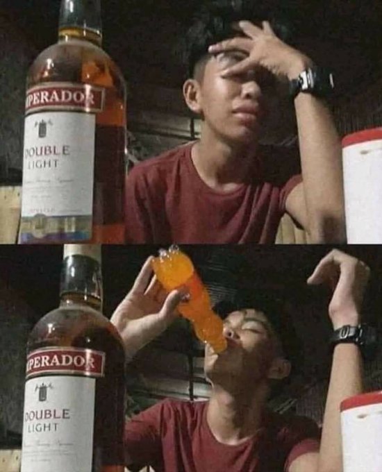 A two-panel image shows a young man in a red shirt next to a bottle of Operador Double Light whiskey; in the top frame he covers his face, and in the bottom frame he tilts his head back to drink orange liquid from a bottle.