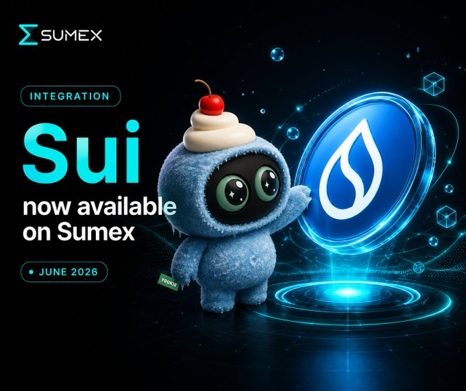 The image features a small blue robot figure holding a white cookie with a red cherry on top. The robot appears to be wearing a blue suit and has two eyes, giving it a friendly appearance. In front of the robot, there's a blue circle containing a white "S" and a blue "U". The background is black, which contrasts nicely with the colorful elements in the foreground. The image also includes text that reads: "Integration Sui now available on Sumex", indicating that users can now access their Sui wallet directly through Sumex.