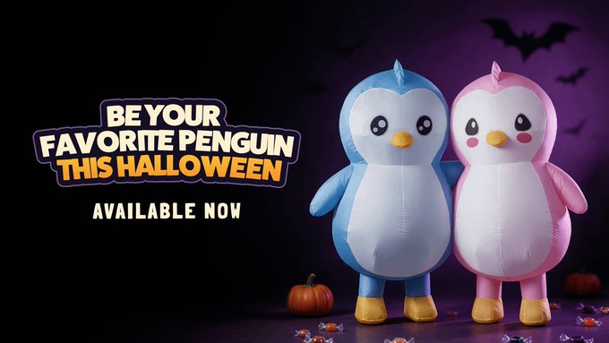 A promotional graphic with text 'BE YOUR FAVORITE PENGUIN THIS HALLOWEEN AVAILABLE NOW' featuring inflatable blue and pink penguin costumes against a purple background with bats.