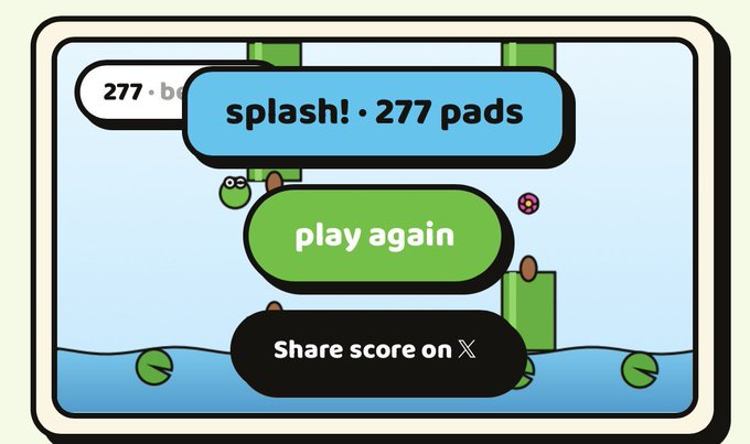 Mobile game screenshot showing a splash screen with '277 pads' score and buttons for 'play again' and 'Share score on X'.