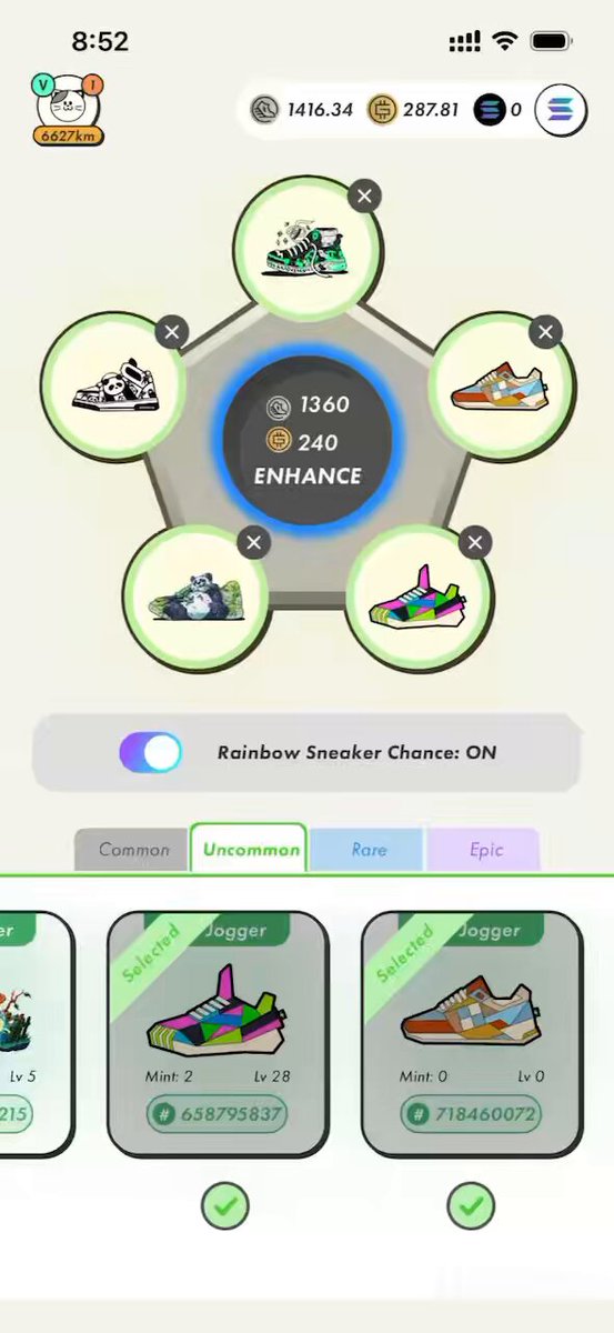 The image shows a phone screen displaying an app with six different shoe options, including rainbow sneakers. The app has a green background and white text that reads "StepN" followed by a list of shoes. There are also two more descriptions for each shoe option in the bottom right corner of the screen.