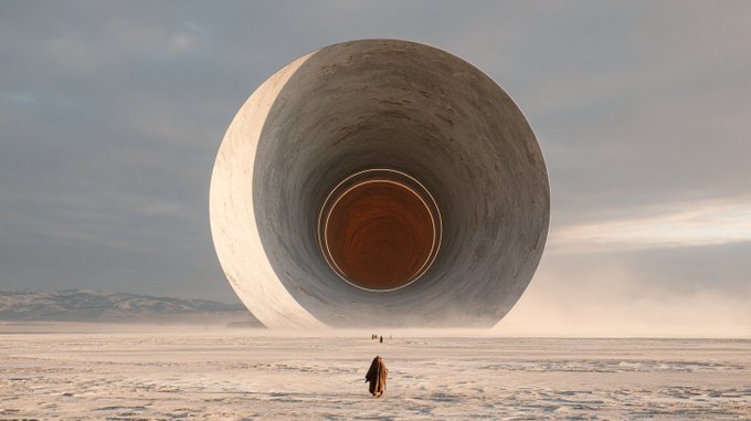 A lone figure stands before a massive, monolithic circular structure in a vast desert landscape, gazing into its glowing interior. The image evokes a sense of awe and the unknown, mirroring the post's message of an impending new era of intuition and discovery waiting beyond the threshold.