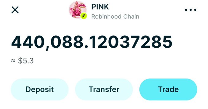 A Robinhood Chain wallet interface displaying a balance of 440,088.12037285 PINK tokens (≈$5.3), illustrating the token holdings referenced in the post predicting PINK's rapid market cap growth potential.