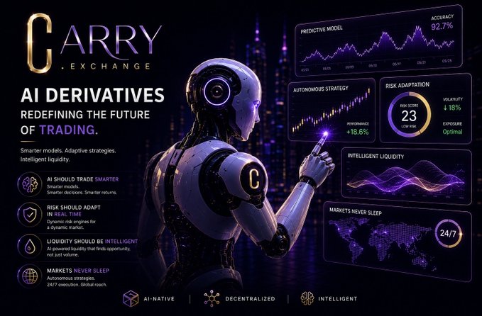 A promotional graphic for "CARRY.EXCHANGE" titled "AI Derivatives — Redefining the Future of Trading," featuring a humanoid robot alongside metrics like a Predictive Model (92.7% Accuracy), Risk Adaptation (Risk Score 23), and tags "AI-NATIVE · DECENTRALIZED · INTELLIGENT."