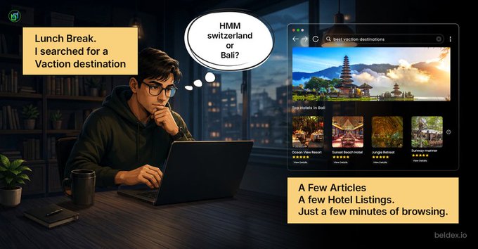 A man in a hoodie sits at his laptop during lunch break, searching for vacation destinations and wondering whether to pick Switzerland or Bali after browsing a few articles and hotel listings.