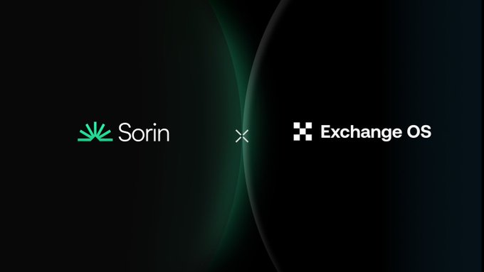The image features a black background with two logos - one for Exchange OS and another for Sorin. The exchange OS logo is white with green leaves, while the Sorin logo is green with white text. Both logos are centered against a dark gray backdrop.