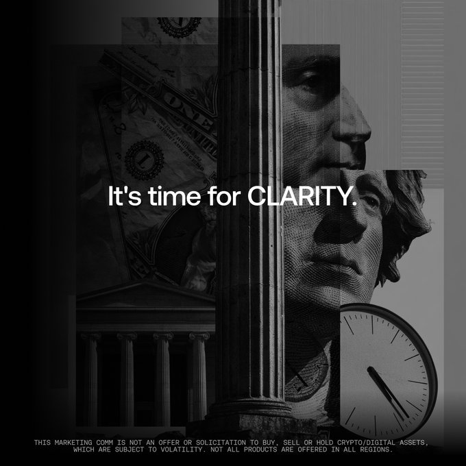 A black-and-white montage featuring a U.S. dollar bill, classical columned architecture, a profile portrait, and an analog clock displays the headline "It's time for CLARITY." alongside a disclaimer noting that the marketing communication is not an offer to buy or sell crypto/digital assets. The imagery visually reinforces the accompanying post about the Senate's upcoming vote on the CLARITY Act, symbolizing the establishment of clear regulatory frameworks for the emerging "New Money Era" of digital finance.