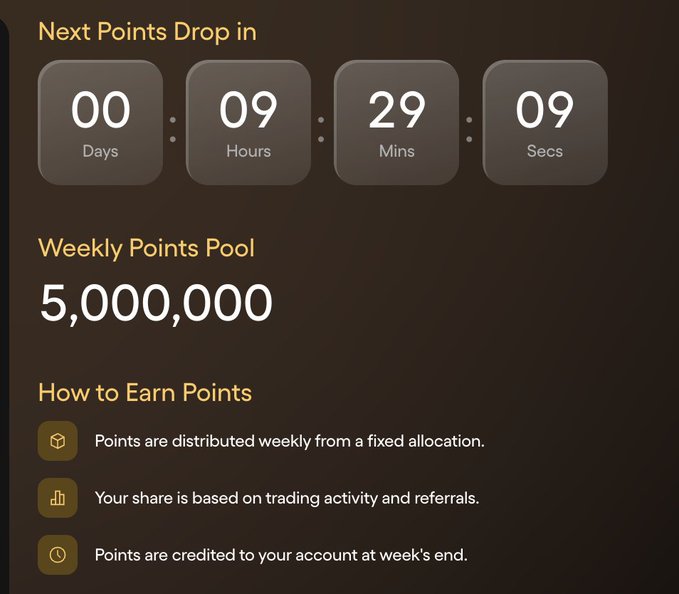 A countdown timer for Ondo Perps' weekly Points/Airdrop campaign shows the next points drop in 00 days, 09 hours, 29 minutes, and 09 seconds, with a 5,000,000 weekly points pool distributed based on trading activity and referrals, credited at week's end.